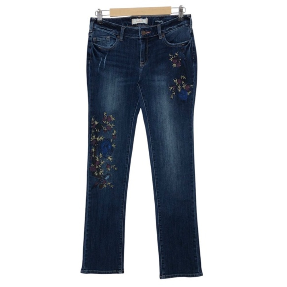 Sundance Magnolia Stretchy Cotton Dark Hand Painted Embroidery Straight Jeans 28